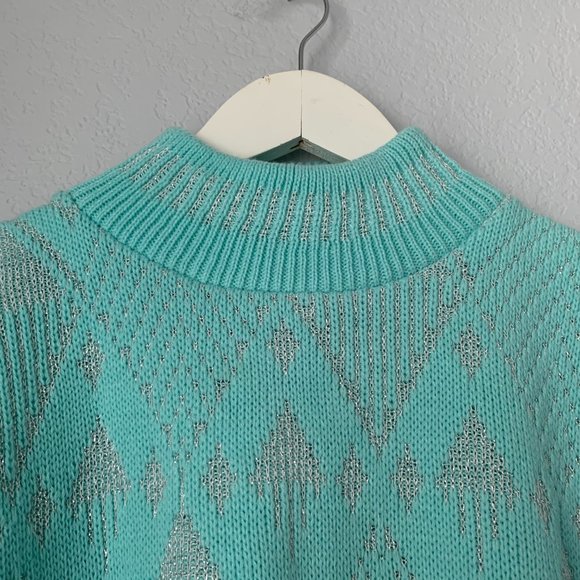 VINTAGE Mint Blue Christmas Ski Sweater Silver Winter Holiday Sweater Sparkly - Picture 5 of 12